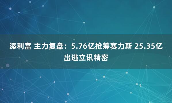 添利富 主力复盘：5.76亿抢筹赛力斯 25.35亿出逃立讯精密